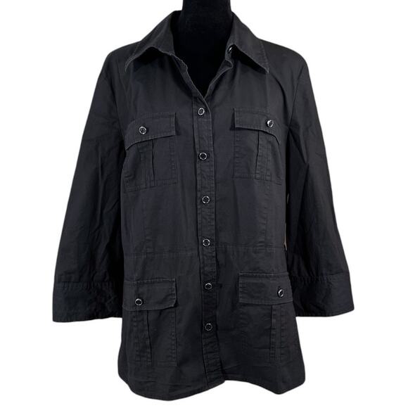 Michael by Michael Kors Long Sleeve Belted Utility Button Down Shirt Large Black - Picture 2 of 14